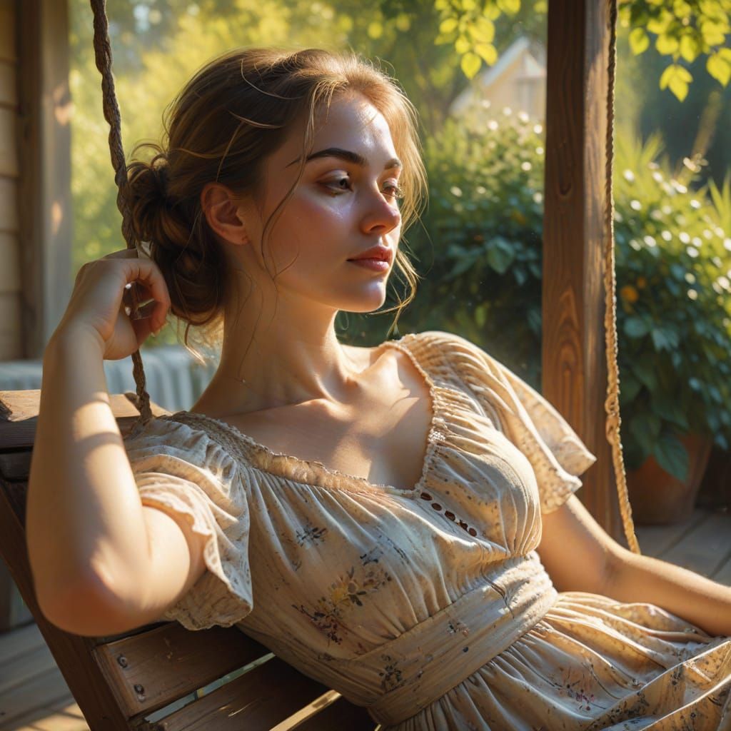 Impressionist Painting of Woman on Porch Swing