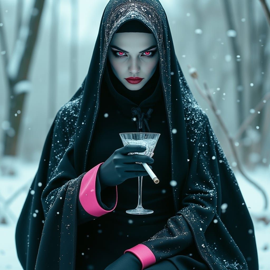 Dark Nun in Snowy Forest, Smoking Cigar and Drinking Vodka