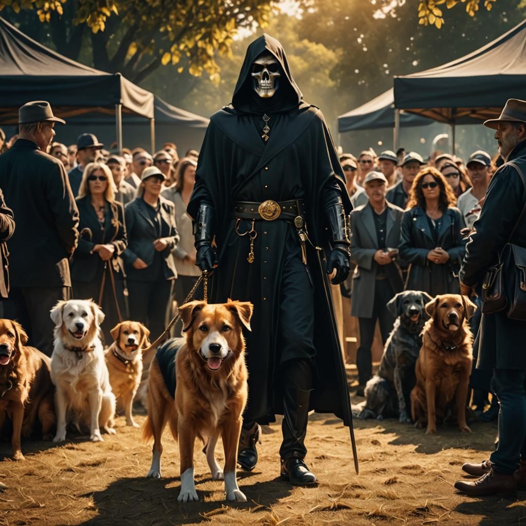 Grim Reaper at Dog Show: Hyperrealistic Digital Painting