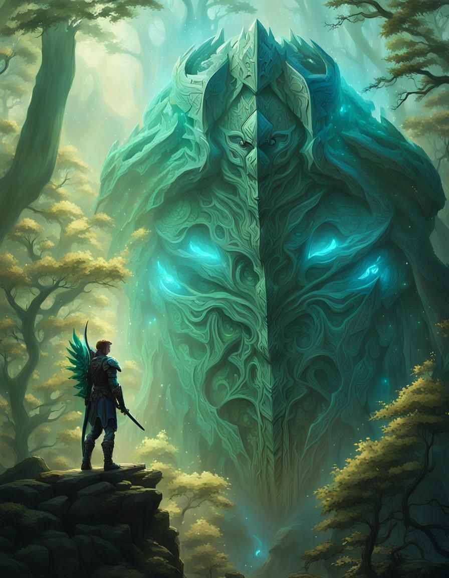 Armored Figure Overlooks Mystical Forest in Fantasy Art