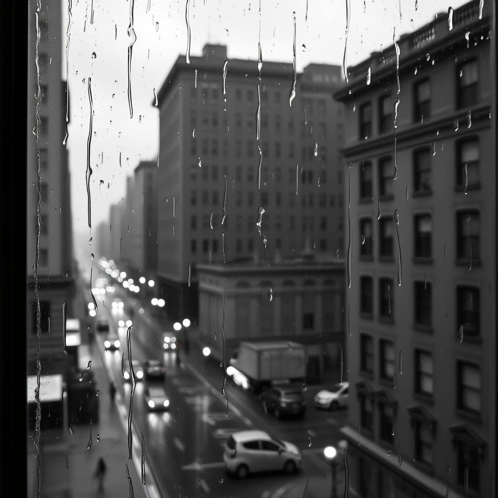Rainy Cityscape in Monochromatic Mood