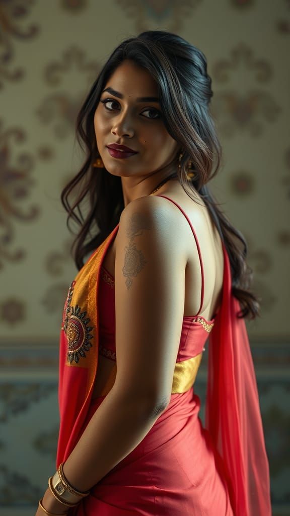 Radiant Indian Woman in Embroidered Silk Dress