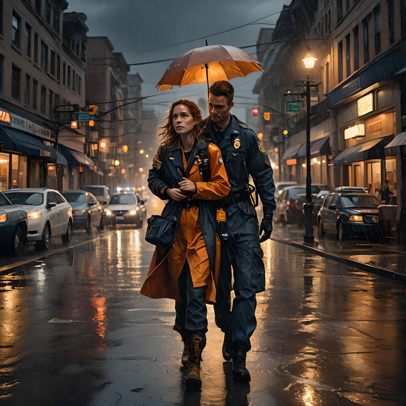 Paramedic Saving Woman in Rain: Detailed Matte Painting
