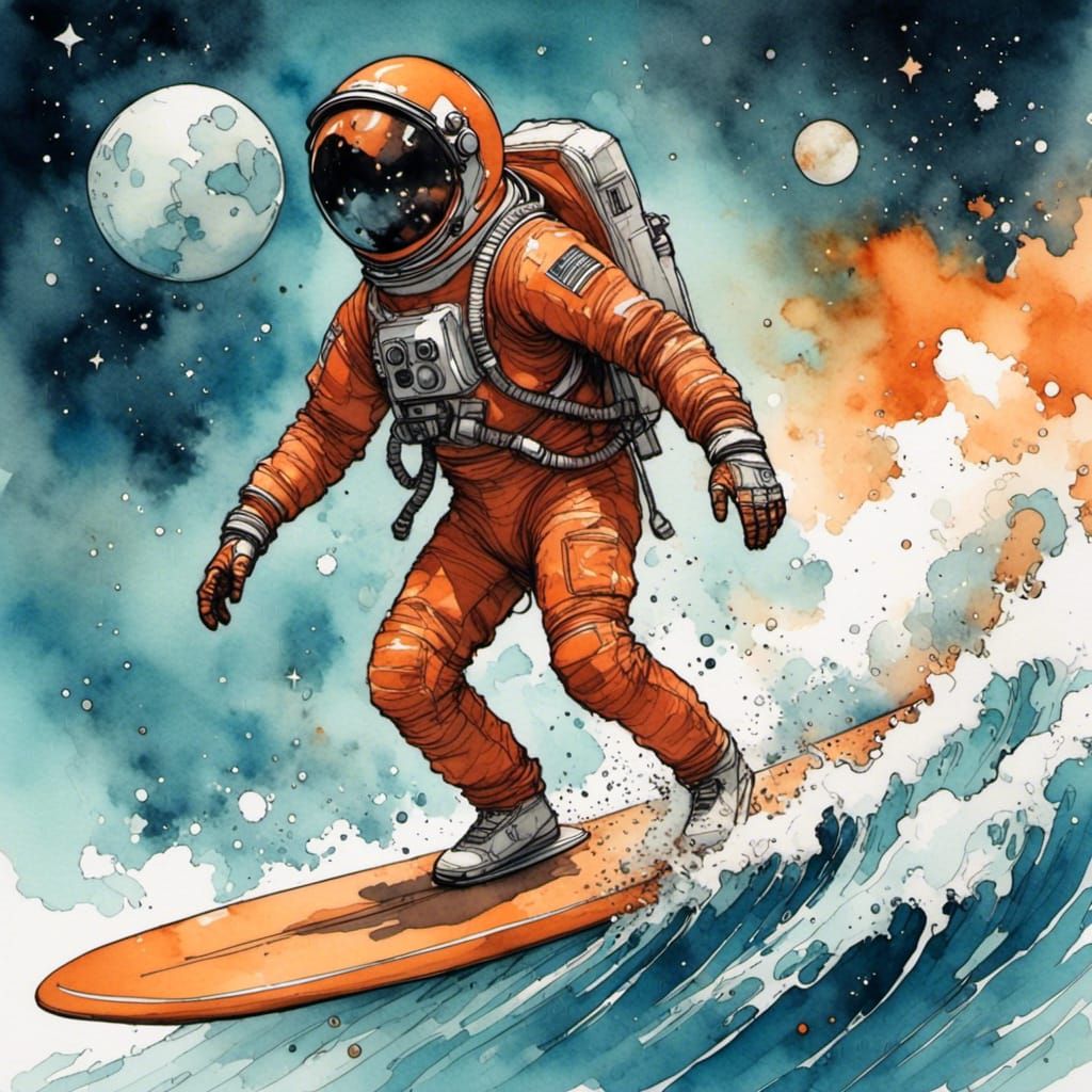 A burnt orange spaceman on a surfboard, travelling through space <lora:Caffeine Fuelled:1.0>