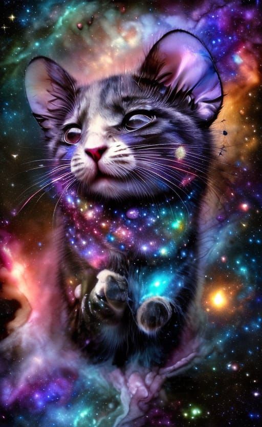 Cat Silhouette in Galaxy Double Exposure