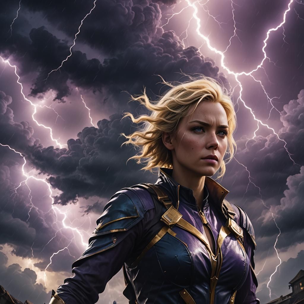 Heroic Blonde Woman Against Stormy Sky