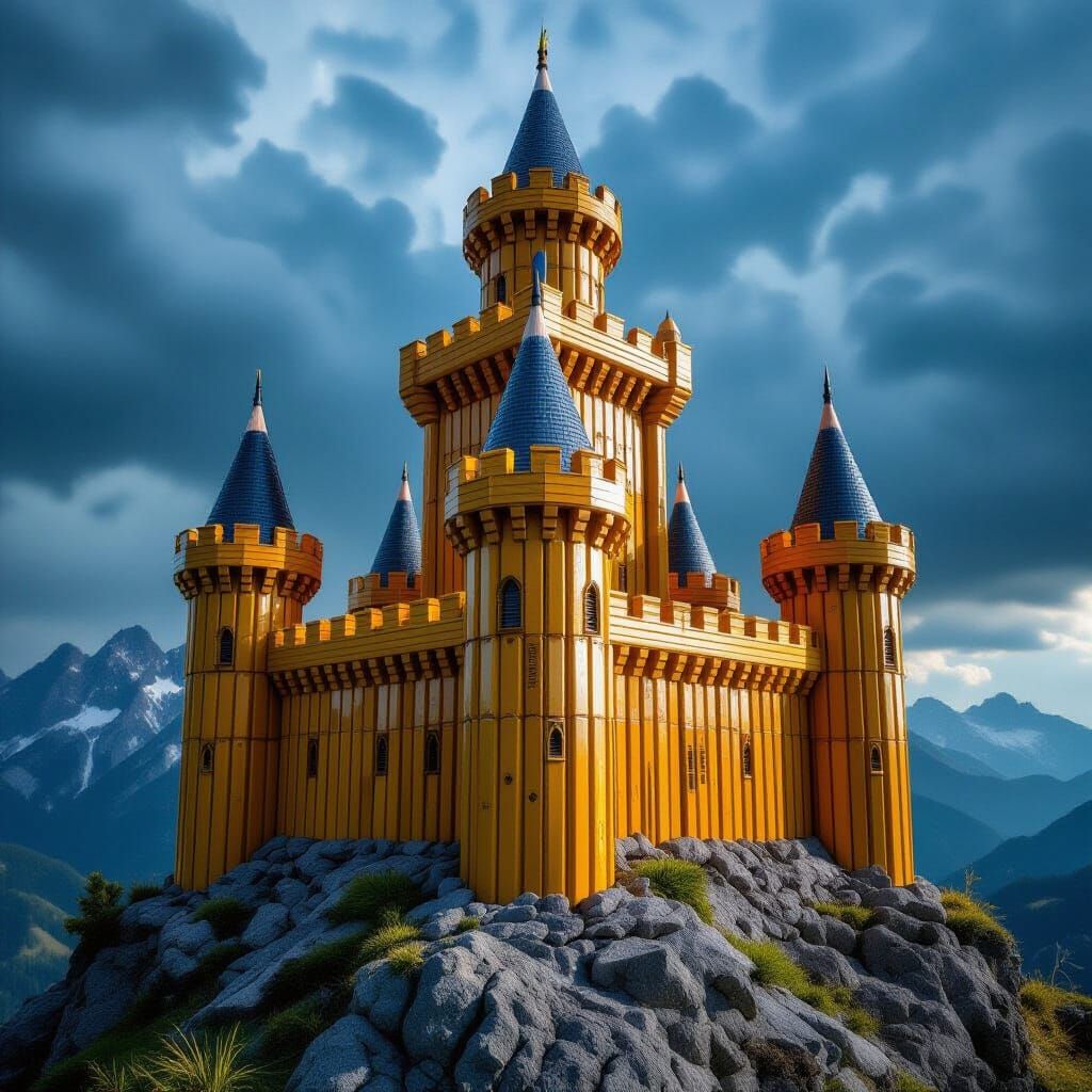 Pencil Castle on Mountaintop Under Stormy Sky