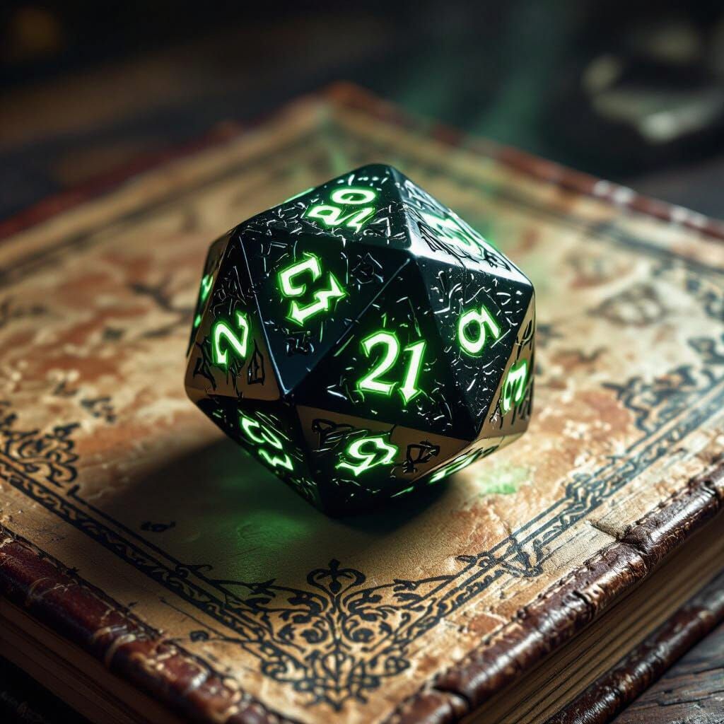 Obsidian D20 on Spellbook in Fantasy Art Style
