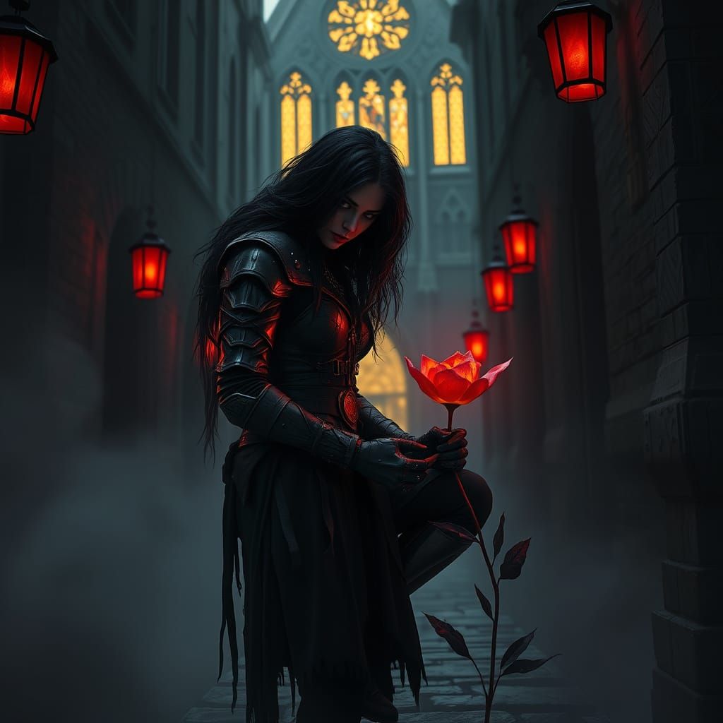 Dark Shadow Assassin in Gothic Alleyway