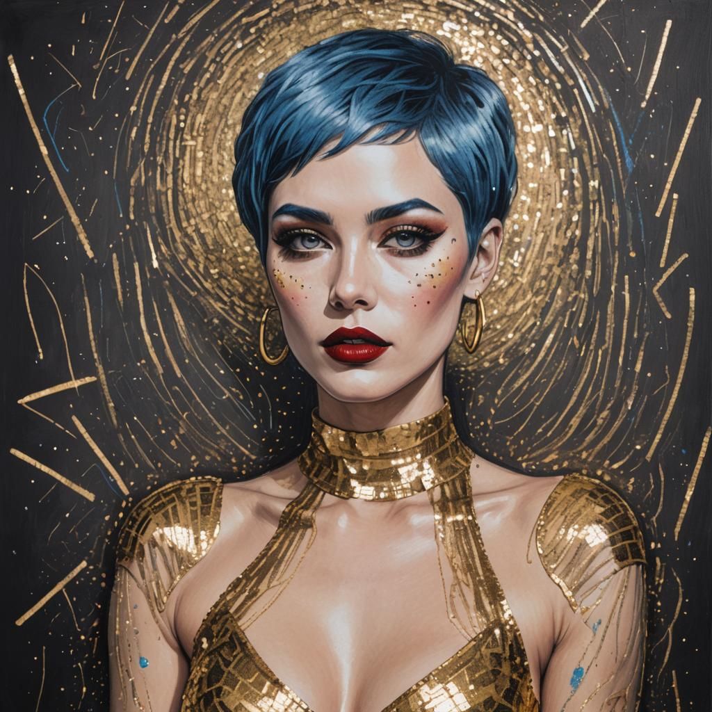 Blue-Haired Woman in Gold Bodysuit Chalk Drawing