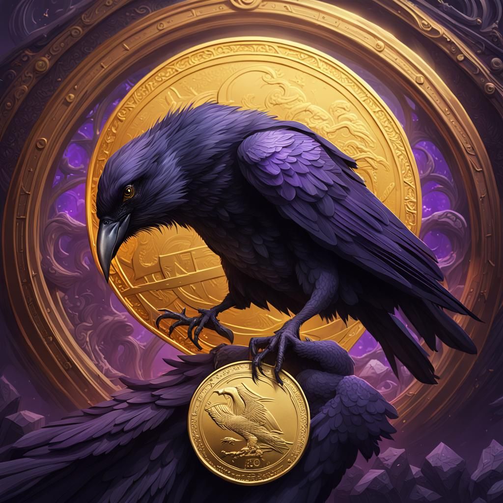 Raven with Golden Coin: Dark Fantasy Art