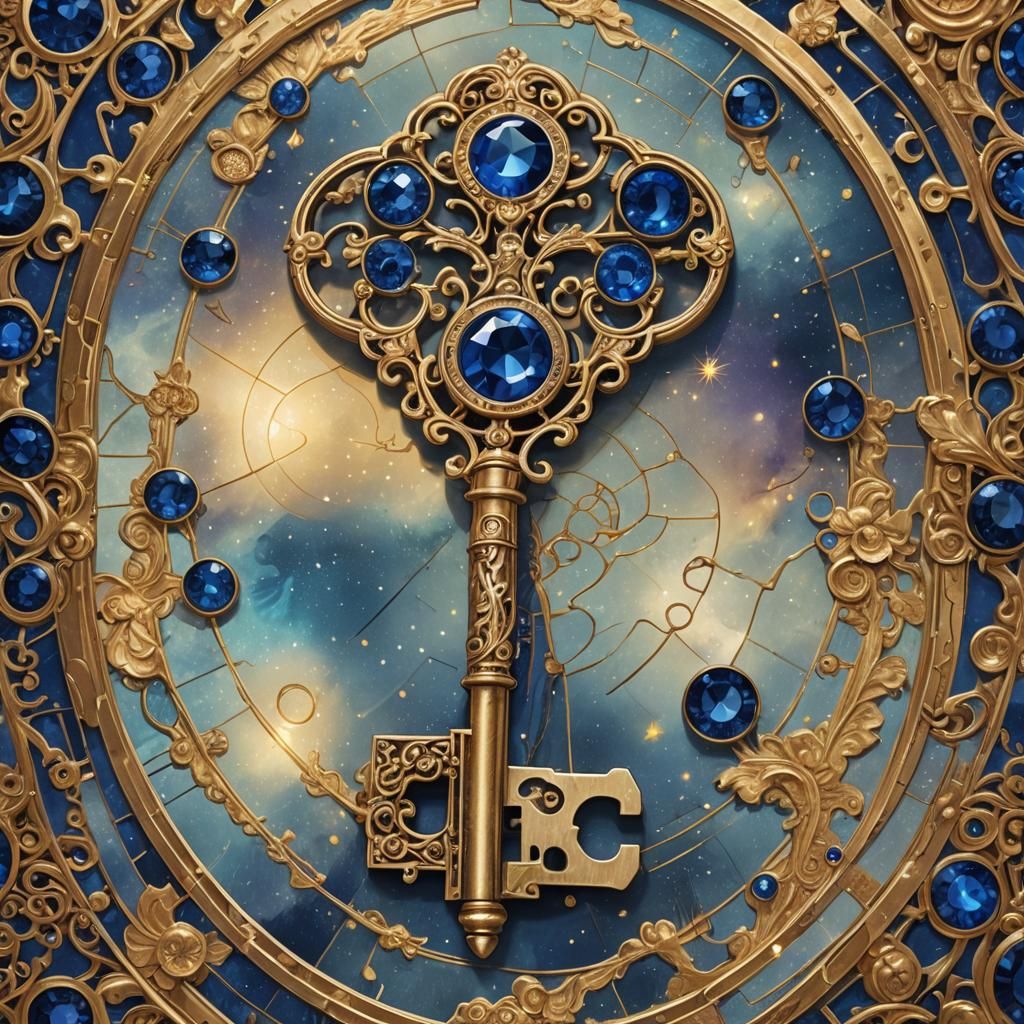 Antique Gold Key with Sapphire Inlay, Astral Illustration