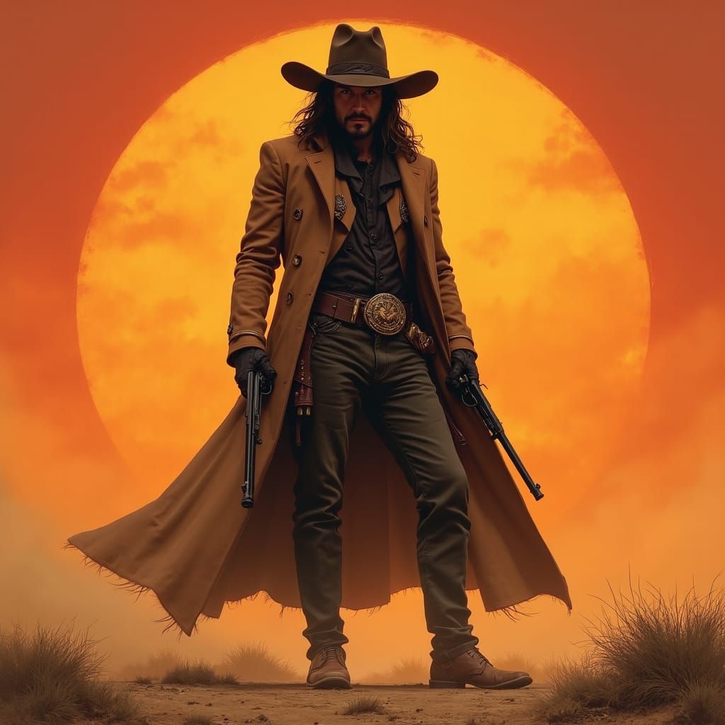 Mysterious Gunslinger in Sunset Landscape, Pulp Art Style