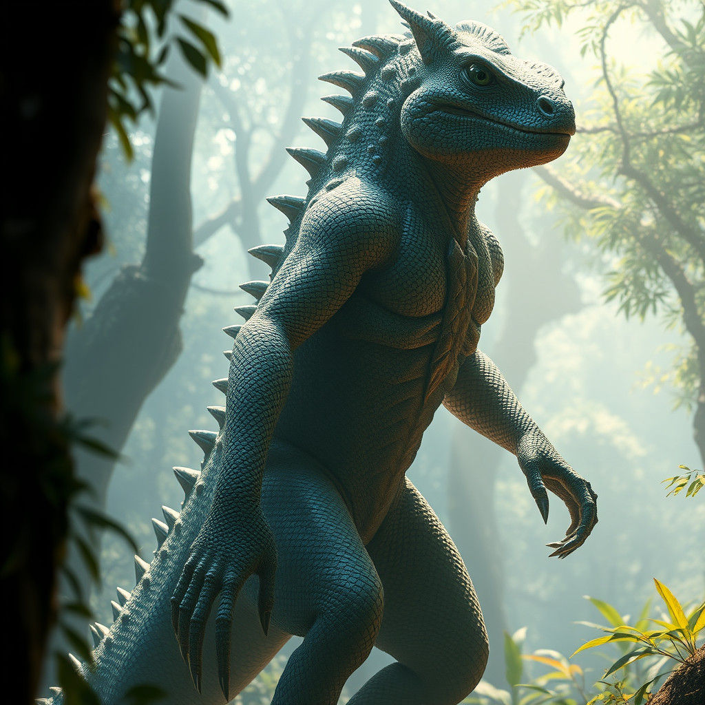 Reptilian Humanoid in Enchanted Forest, Hyperrealistic Style