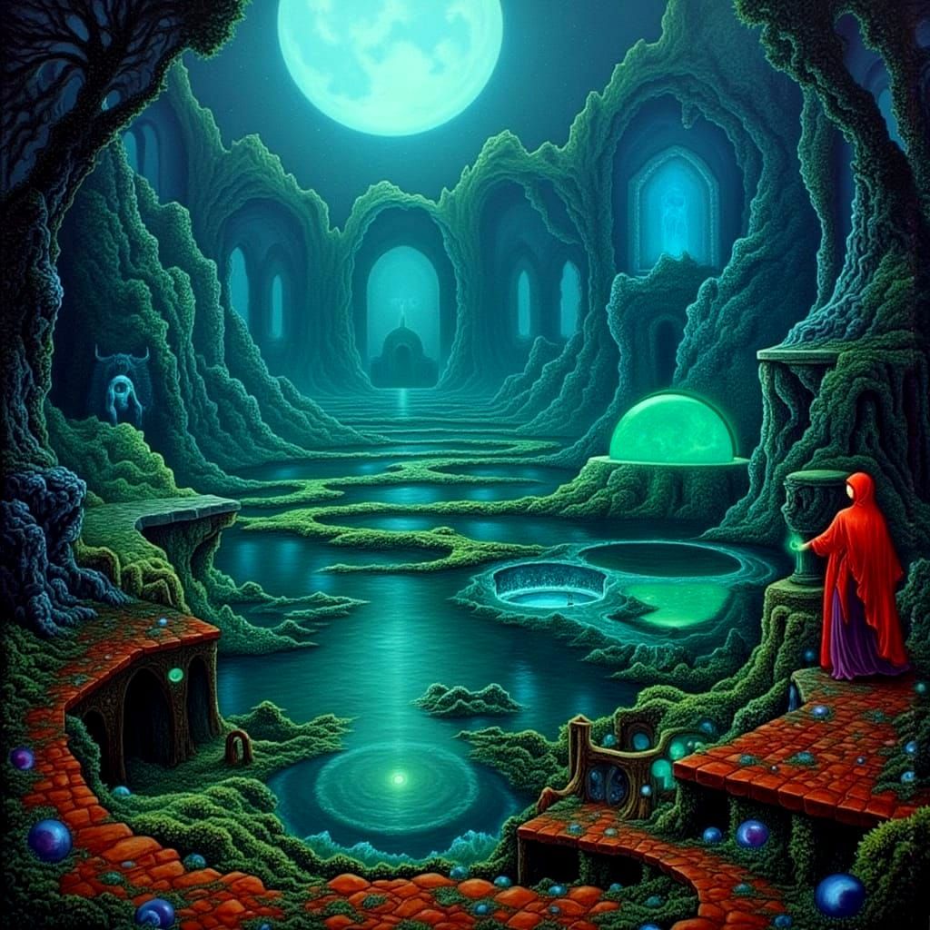 Labyrinth Worlds with Priestesses in Esoteric Surrealism