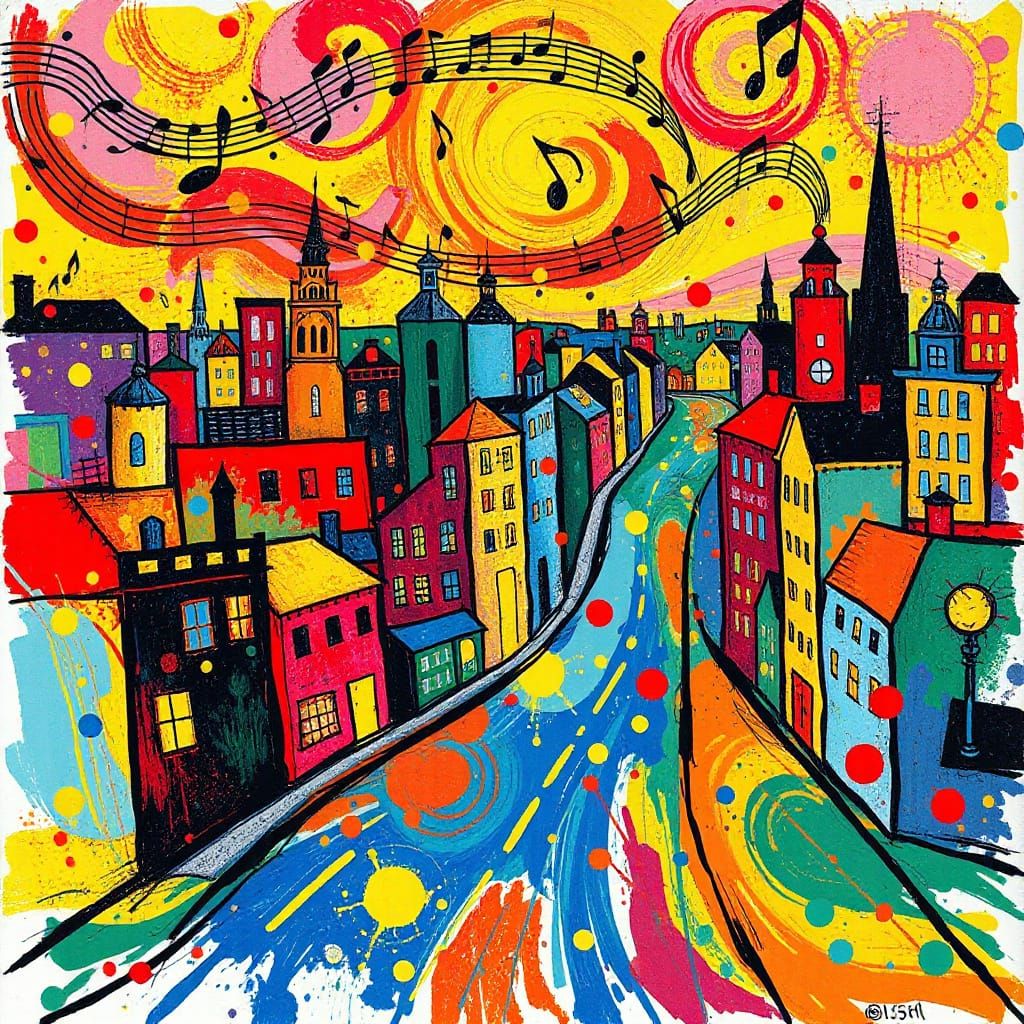 Abstract Cityscape of Musical Notes and Color Splashes