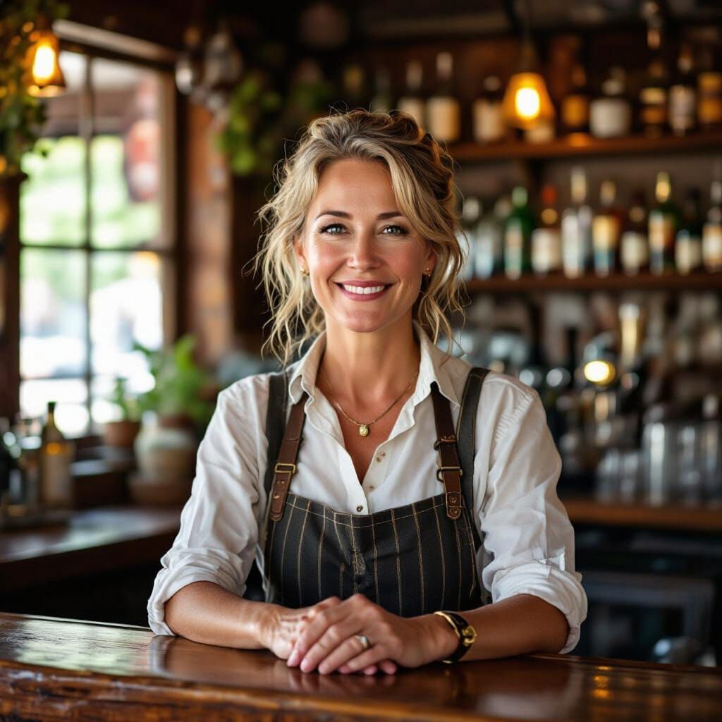 Middle-Aged Female Innkeeper Behind Bar