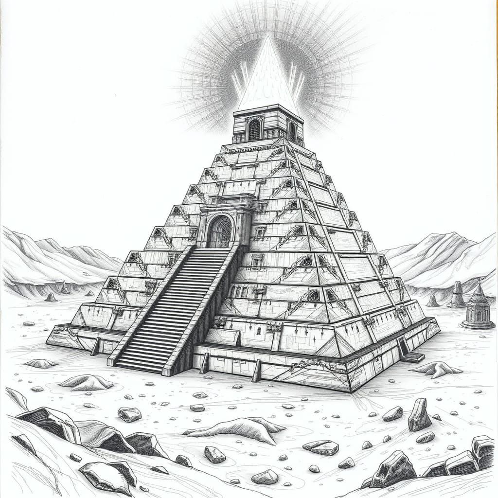 Ancient Mystical Stepped Pyramid in Monochromatic Pencil Art