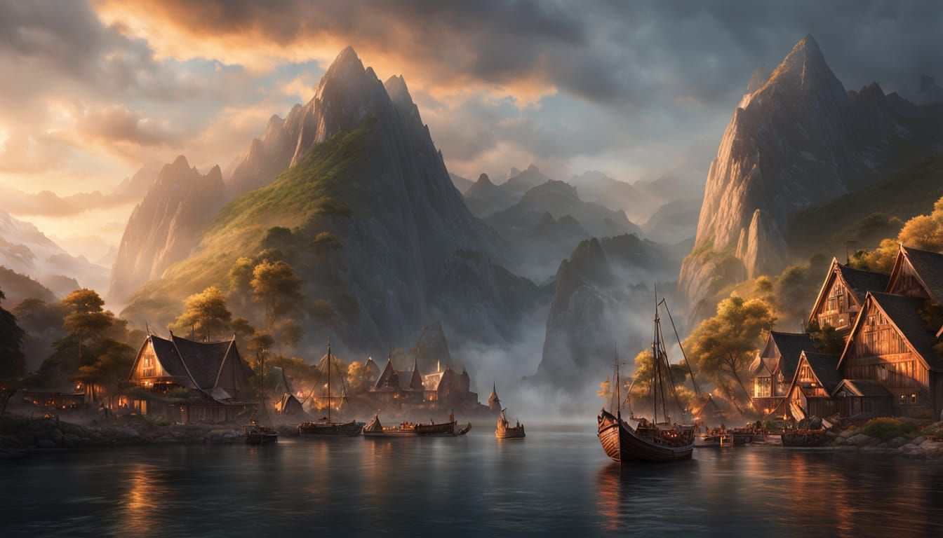 Viking Village in Fjord: Detailed Matte Painting