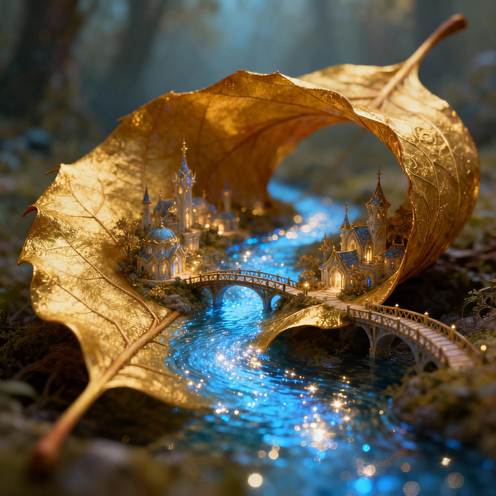 Ethereal Elven Settlement on Golden Leaf with Mystical Light...