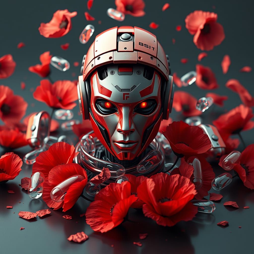 Robotic Face Amidst Poppies in Neo-Cubist Style