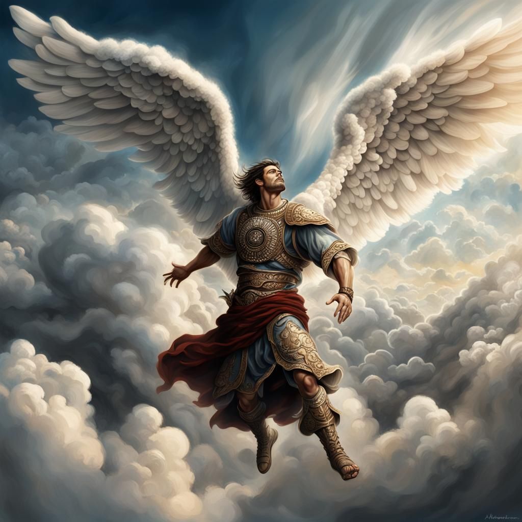 Muscular Angel Flying Through Clouds with Scroll