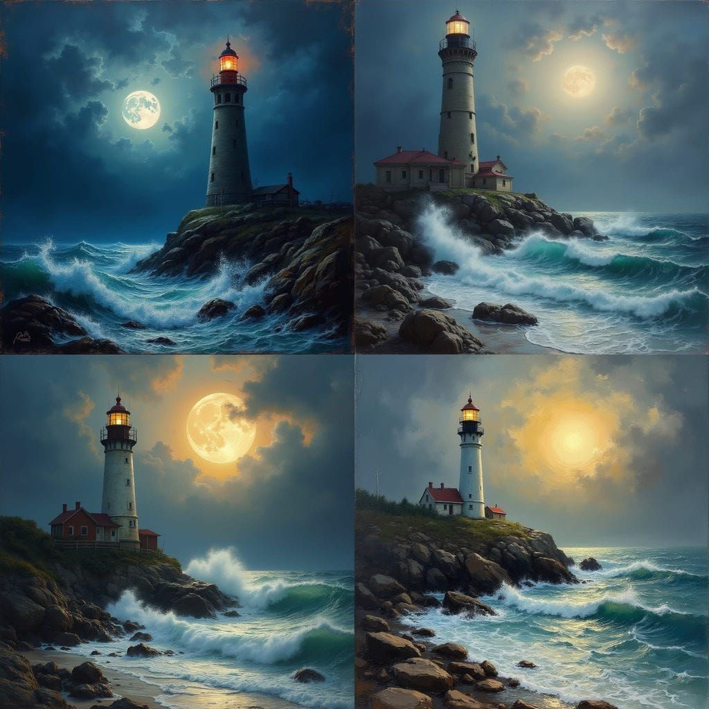 Luminous Lighthouse on a Stormy Sea at Full Moon