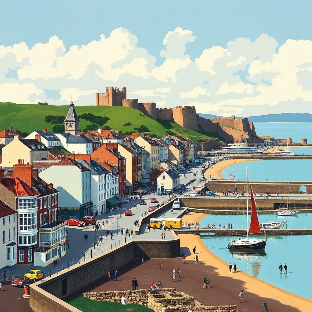 Coastal Town with Castle Ruins in Impressionist Style