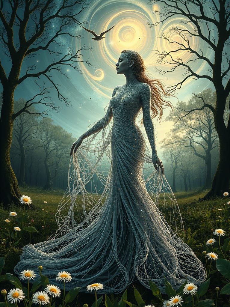 Ethereal Filigree Woman in Bioluminescent Forest