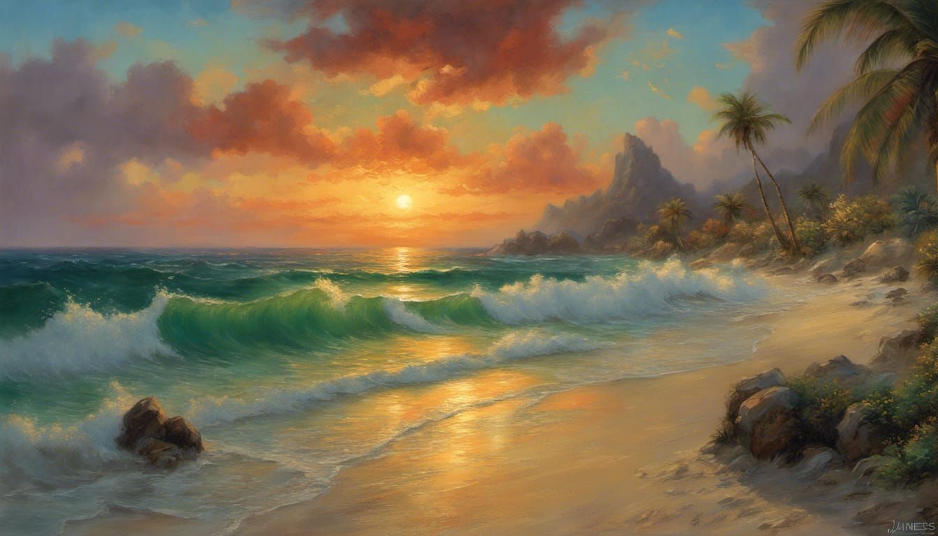 Fiery Sunset Over Tropical Island Beach in Hyperrealism
