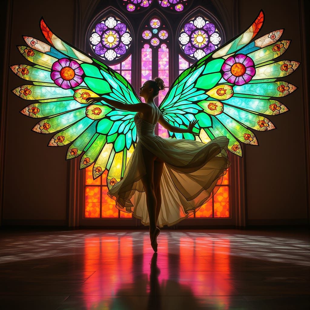 Dancer with Stained-Glass Wings in Art Nouveau Style