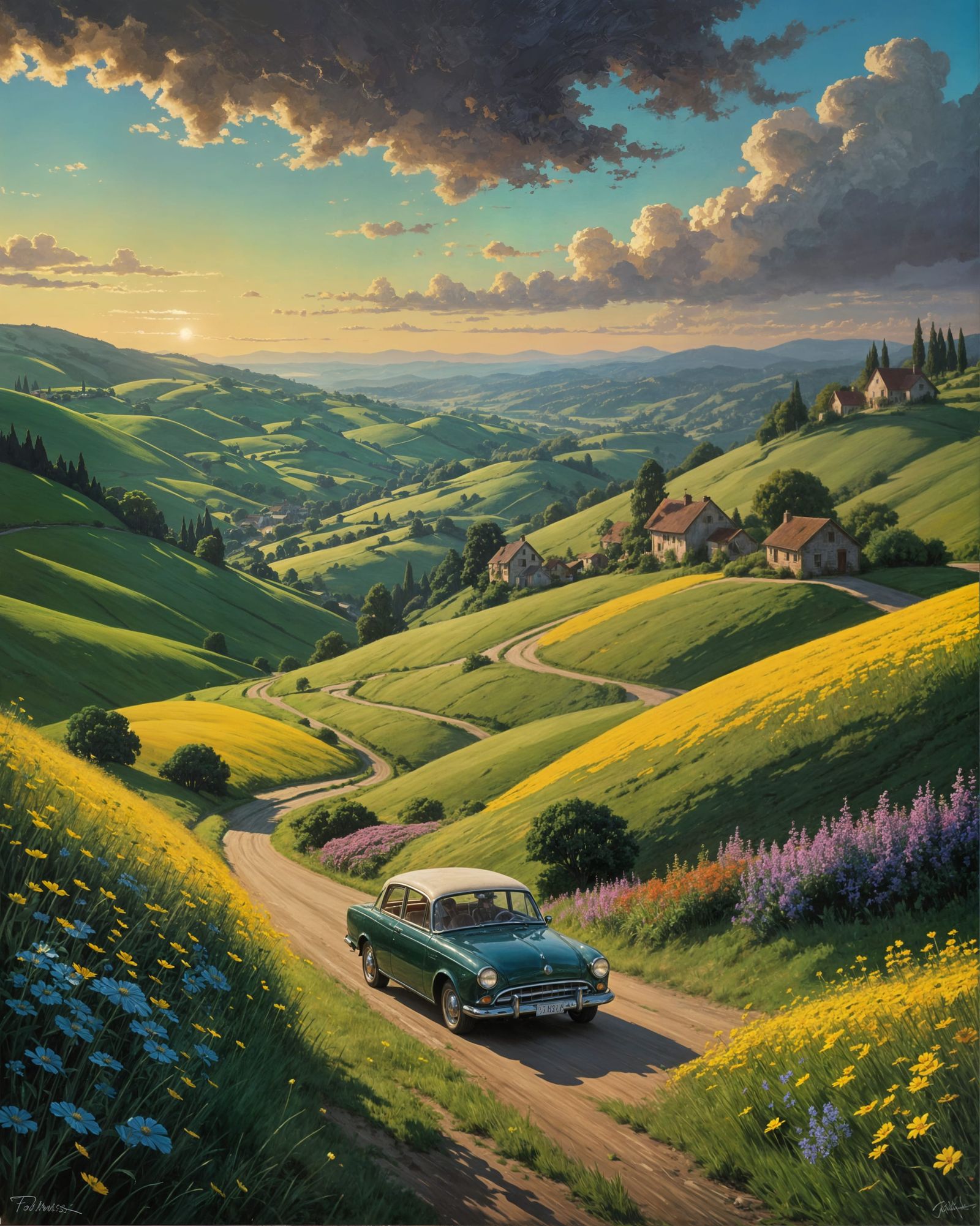 Picturesque Car Journey Through Rolling Hills, Oil Painting