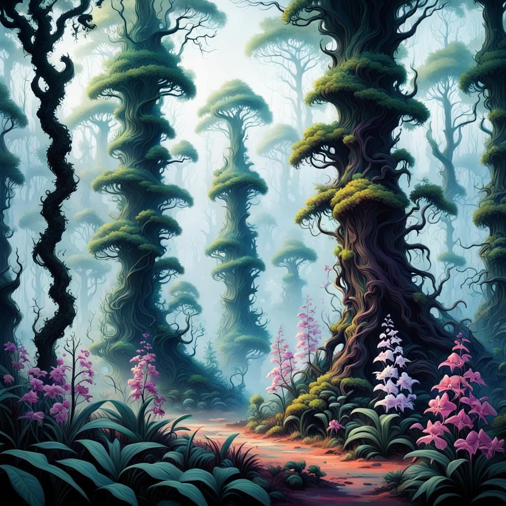Surreal Forest with Orchids in Roger Dean Style