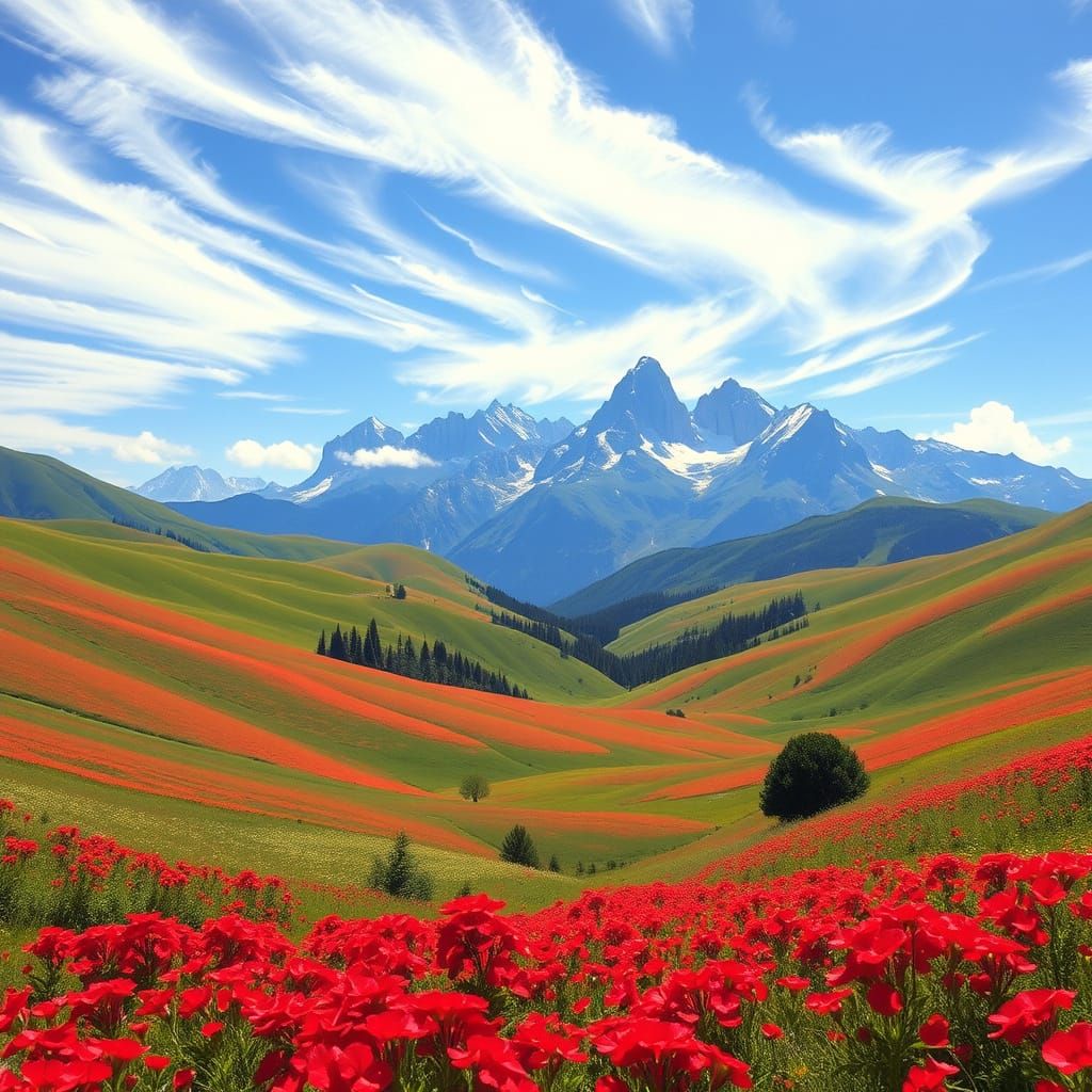 Crimson Valley Landscape in Dreamy Impressionist Style