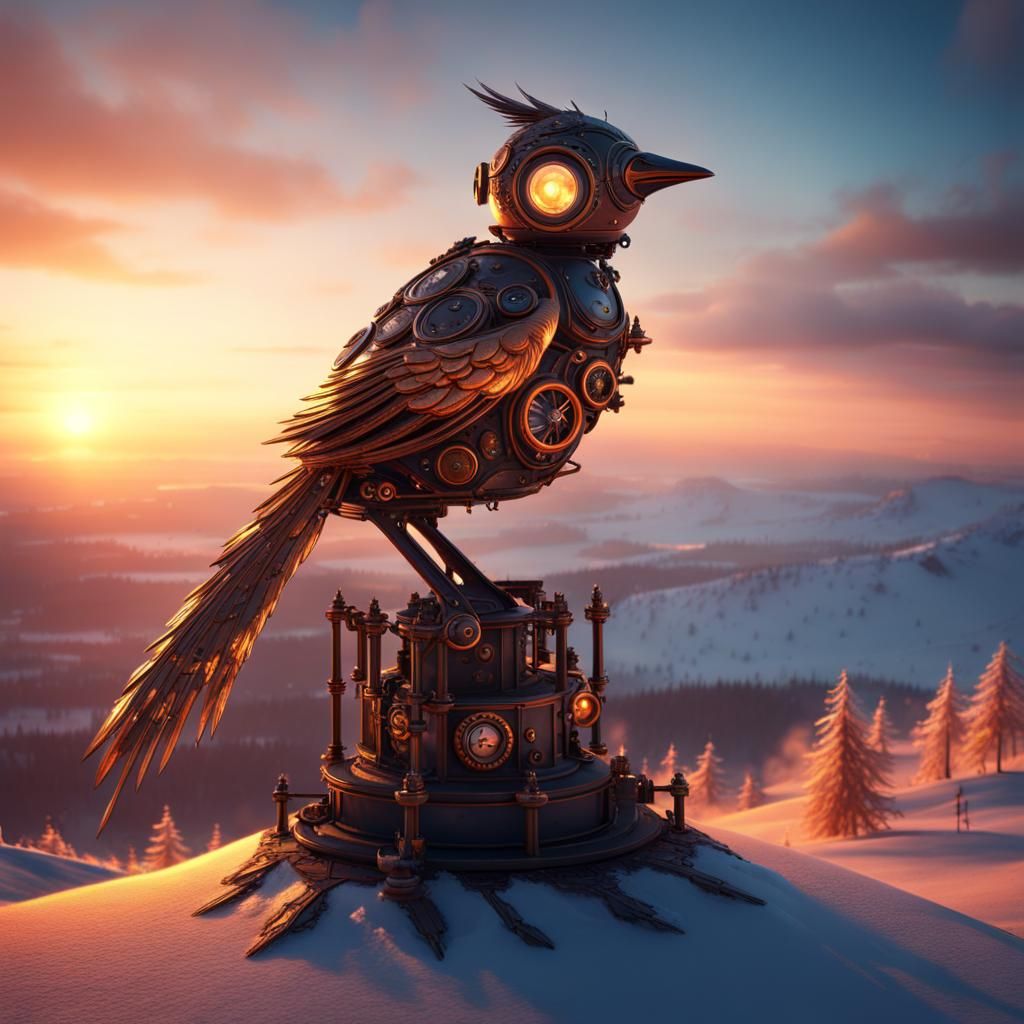 Steampunk Mechanical Bird on Winter Hill