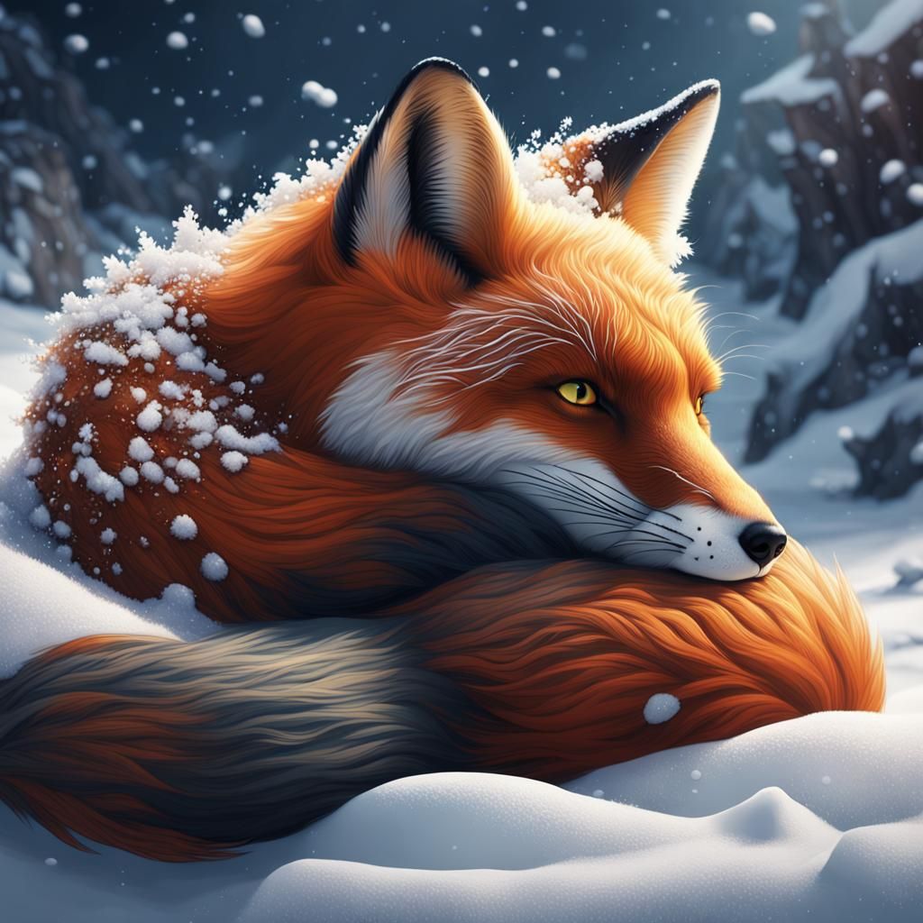Fox Curled in Snow: Detailed Matte Painting