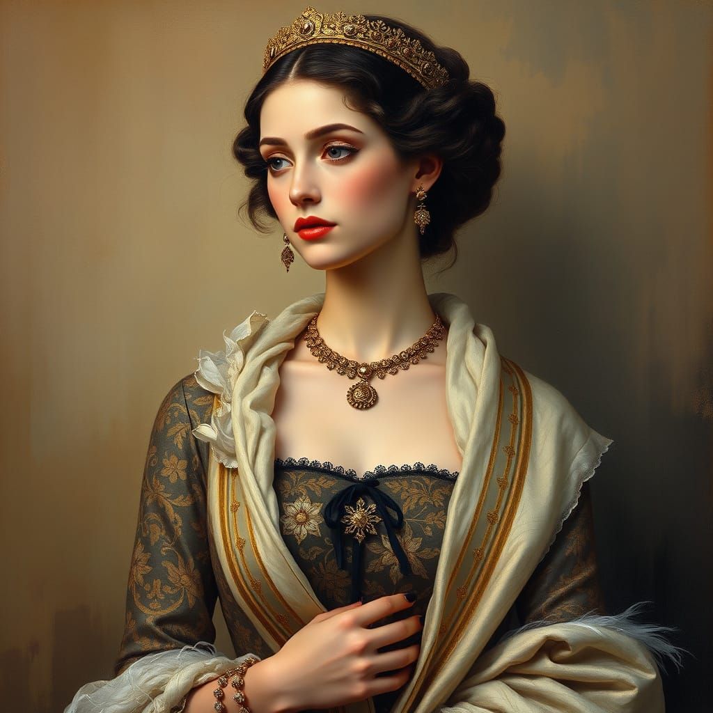 Elegant Lady in Luxurious Attire, Blending Klimt's Gold Leaf...