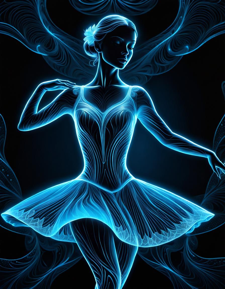 Blue Bioluminescent Ballerina Dancing in Abstract Fractal