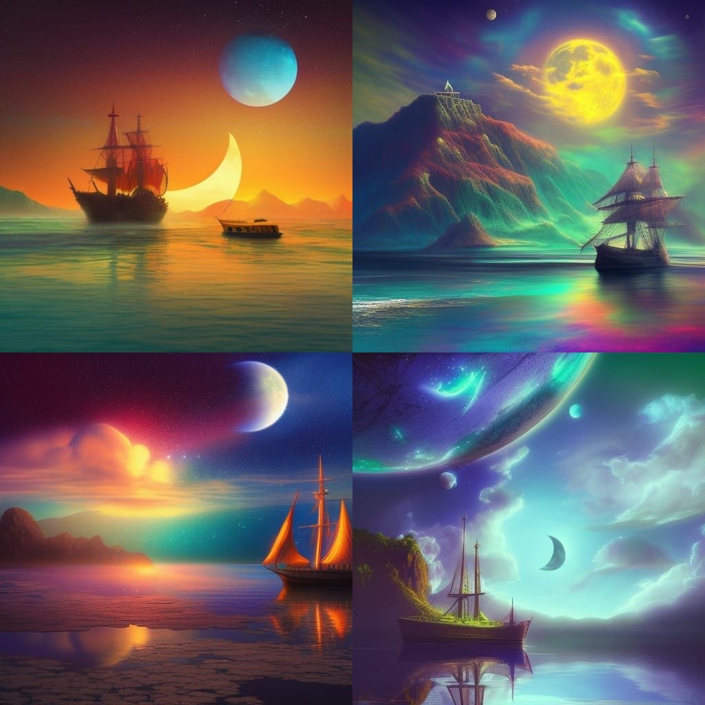 Fantasy Planet Landscape with Ship and Moon