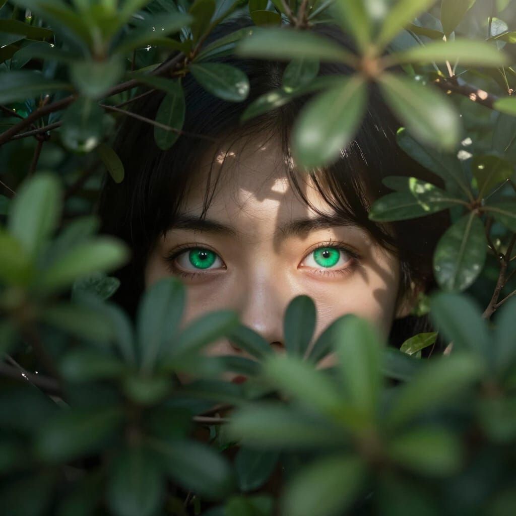 Curious Emerald Eyes Peeking Through Green Bushes