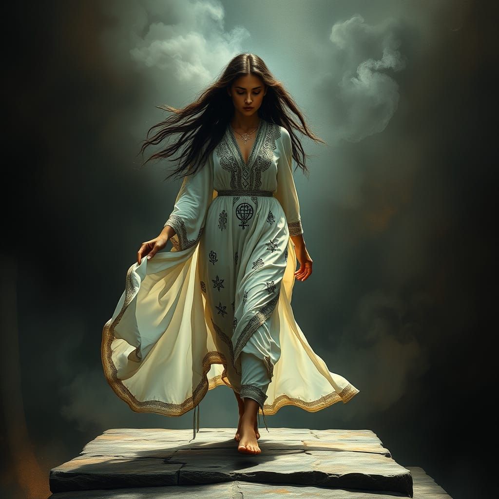 Surreal Goddess of Ash and Defiance in Ethereal Robes