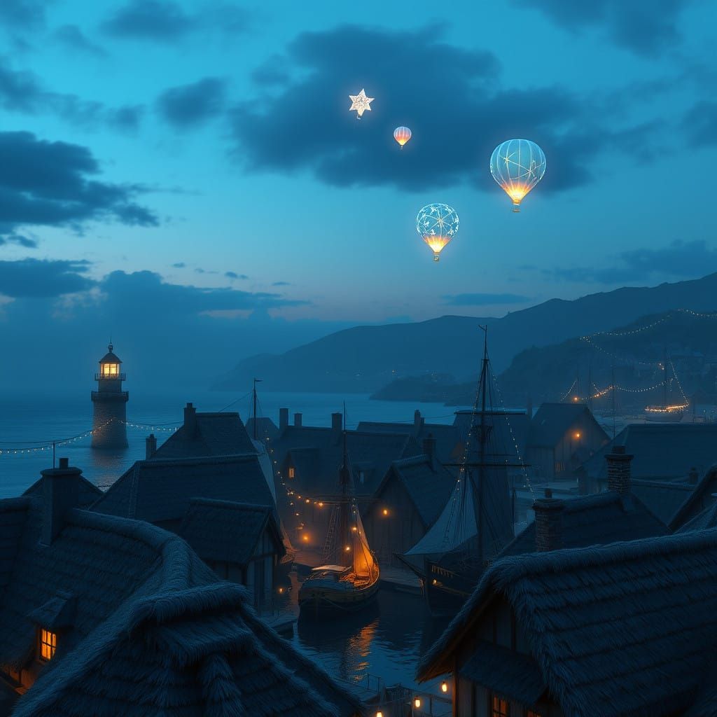 Breton Fishing Village at Sunset with Quaint Cottages and An...