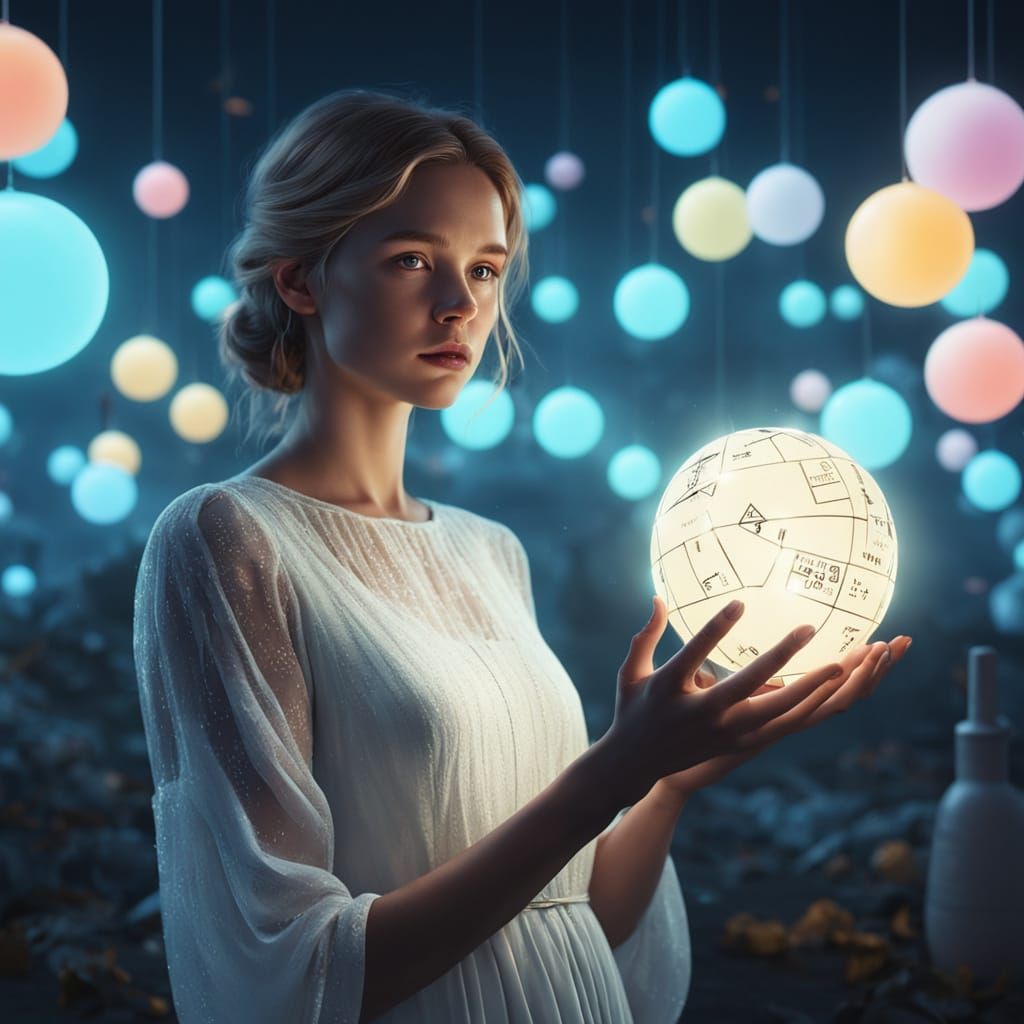 Elegant Woman Surrounded by Mathematical Wonders in Hyperrea...