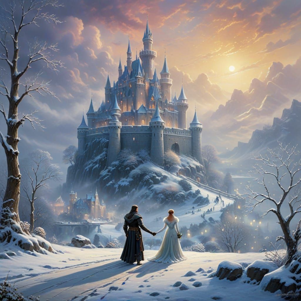 Fairy Tale Princess in Fur Wedding Dress Surveys Winter King...