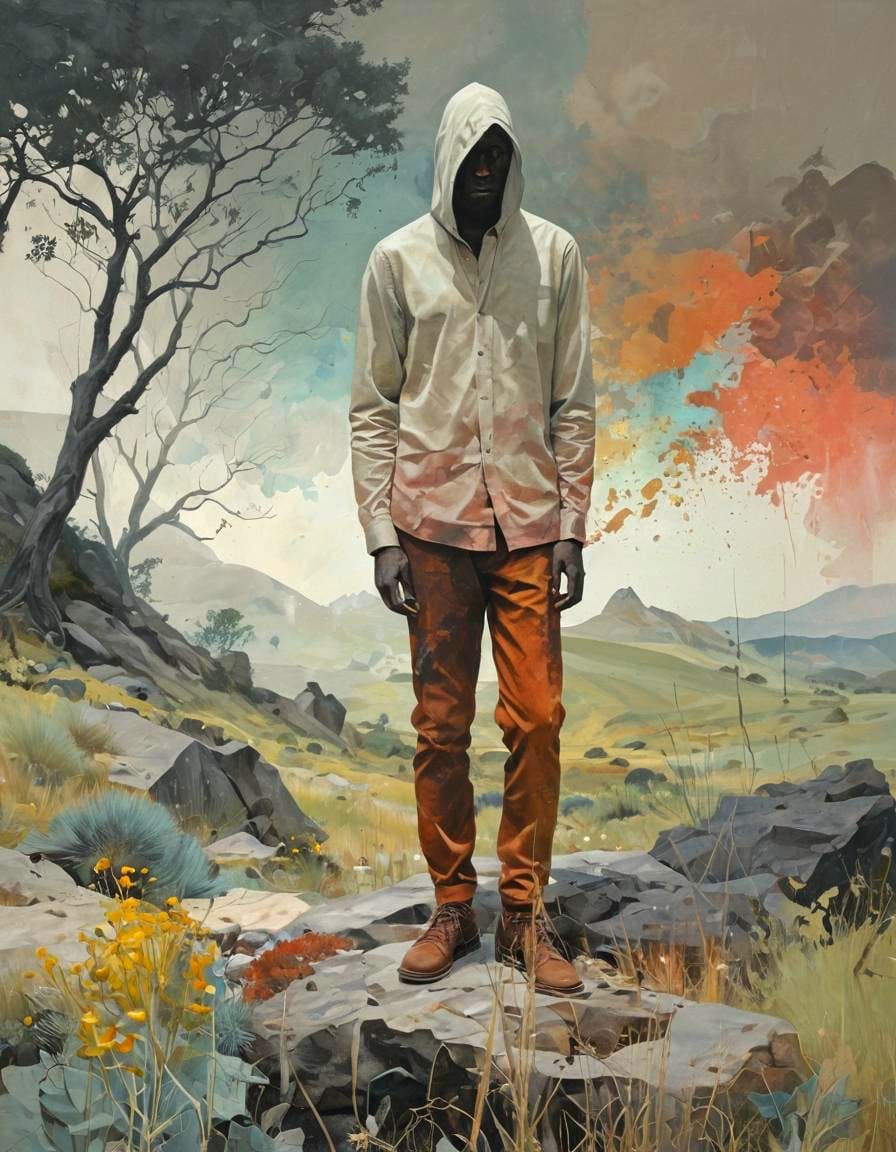 Figure Dematerializing into Abstract Landscape Painting