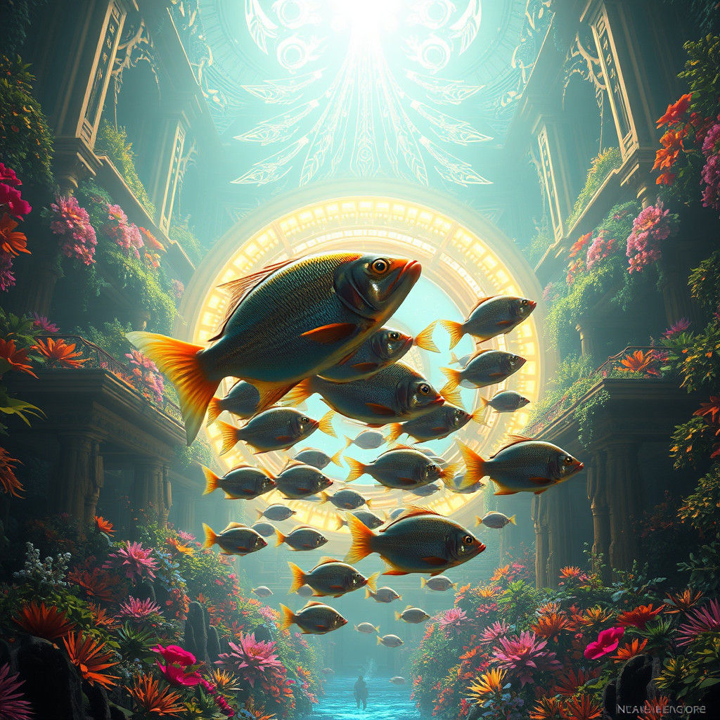 Iridescent Fish Swim Through Mystical Portal