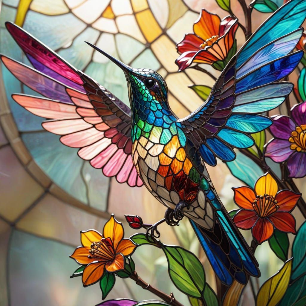 Stained Glass Hummingbird Feeds from Flower in Tiffany Style