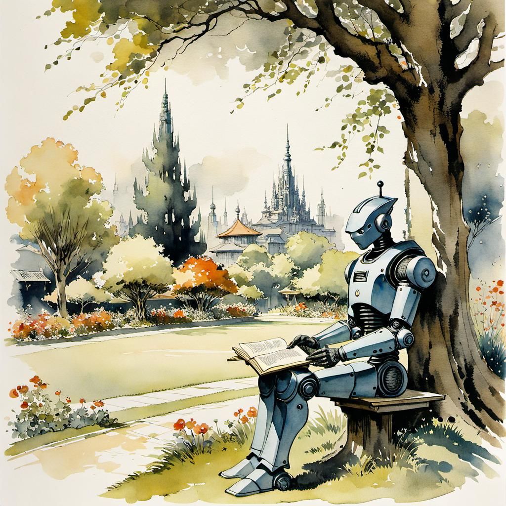 Android Robot Reads to Children, Ink Wash Illustration