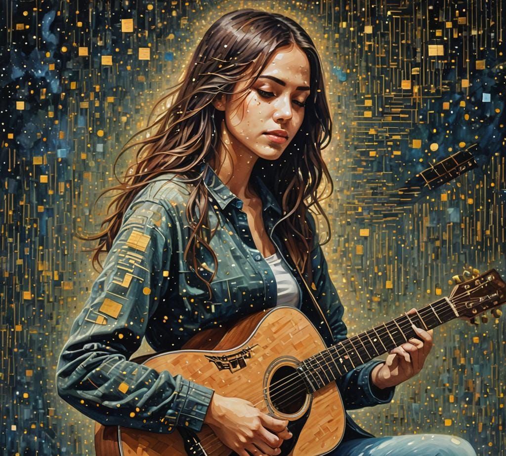 Starry Sky Guitar Double Exposure, Onyx Painting