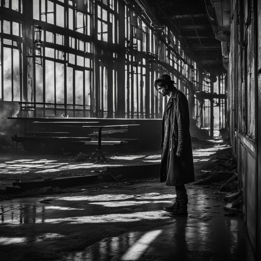 Punk Model in Subway Coffee Shop Amidst Urban Wasteland